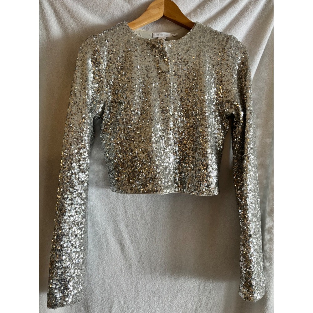 Good American Sequin Crop Top Metallic Silver Long Sleeve Size Small